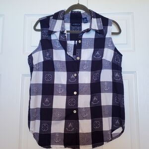 VINTAGE LizSport Liz Claiborne Nautical Checkered Button Up Tank Top Medium 1990